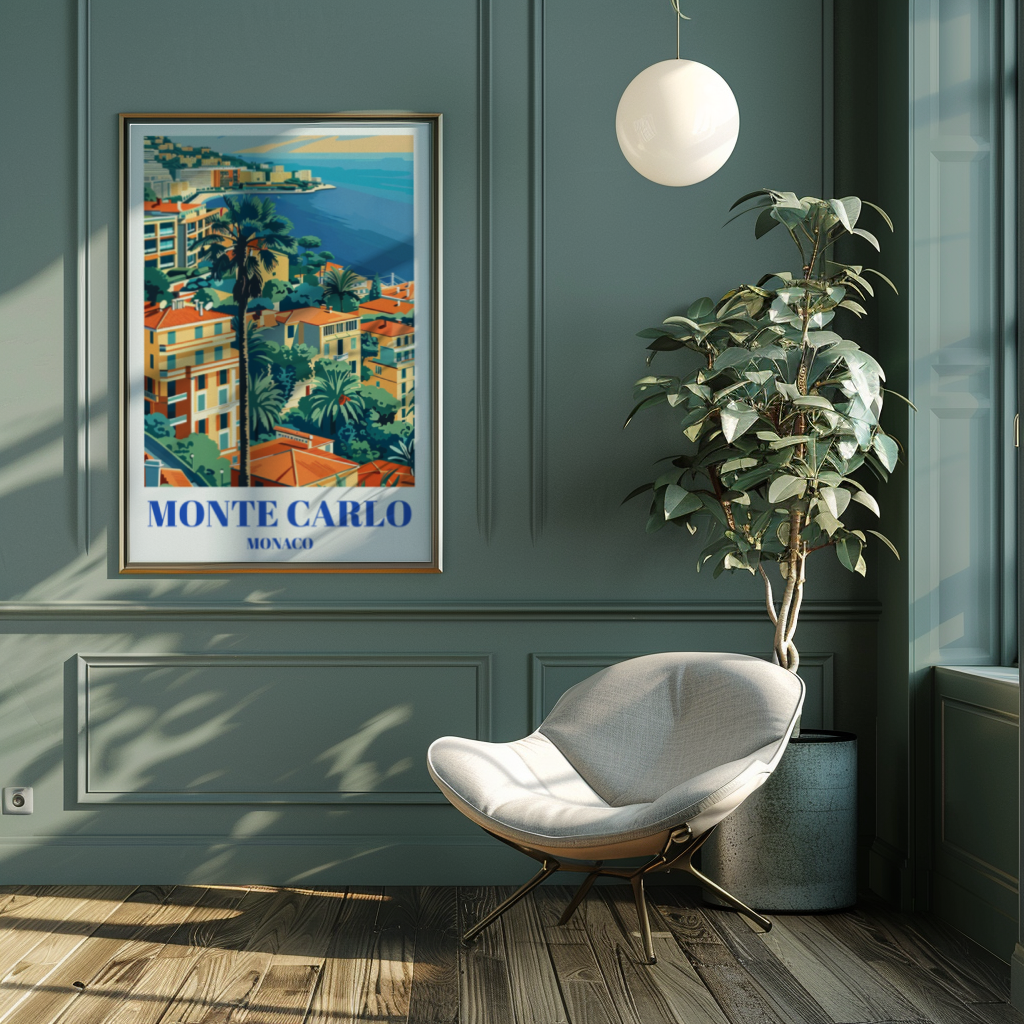 Monaco Travel Poster, Monte Carlo Skyline Art Print, French Riviera Wall Decor