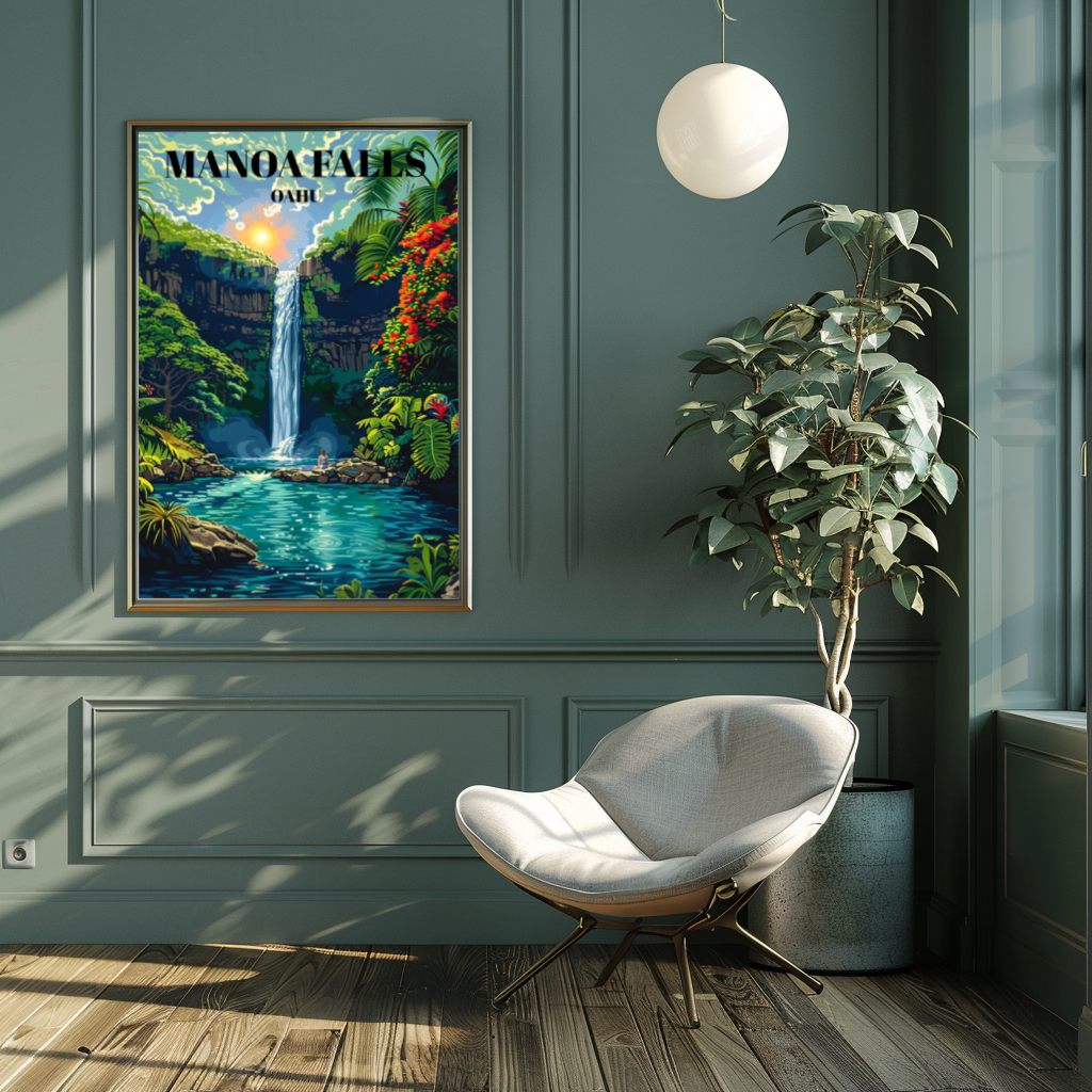 Manoa Falls Travel Poster, Stunning Honolulu Hawaii Waterfall Print