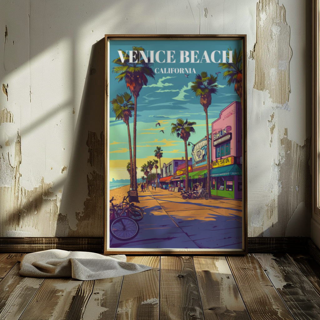 Venice Beach Travel Poster, Retro California Wall Art Print