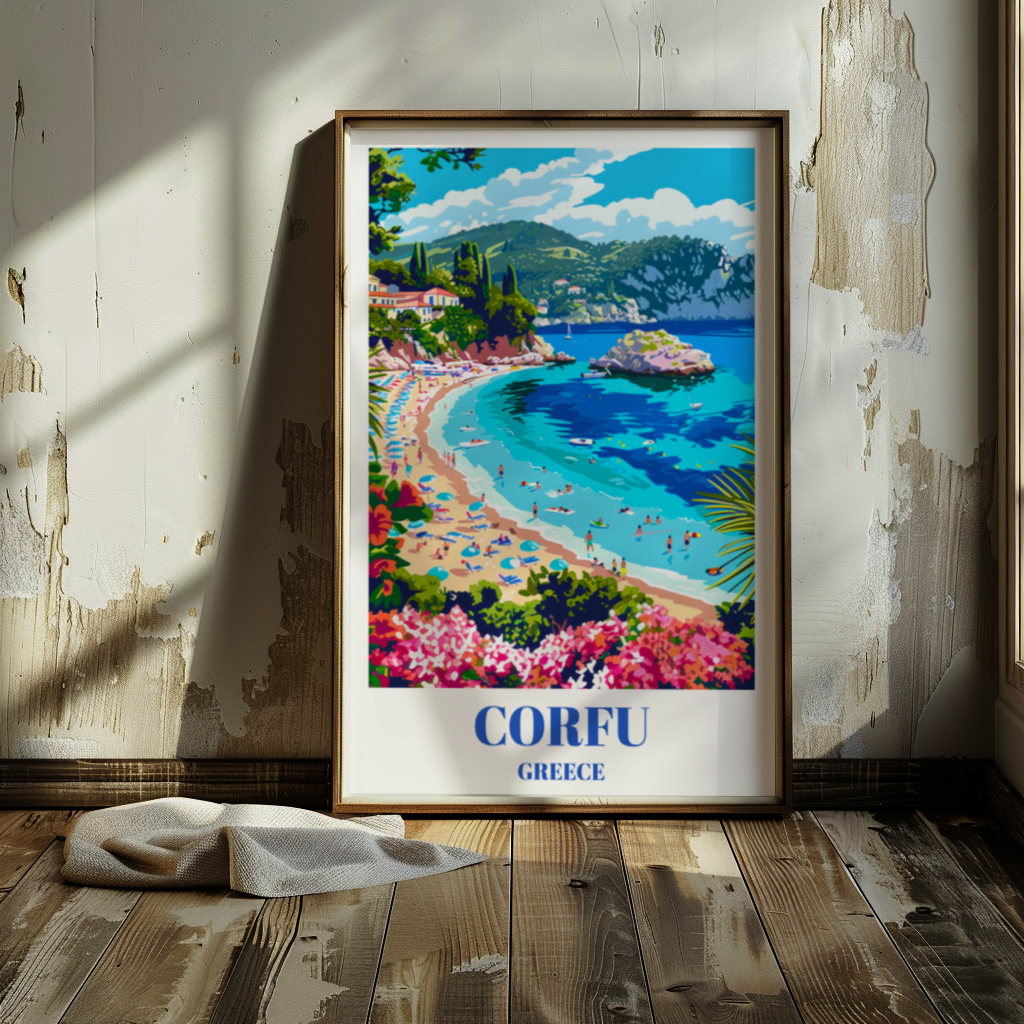 Corfu Greece Travel Poster, Greek Island Coastal Art Print, Mediterranean Wall Decor