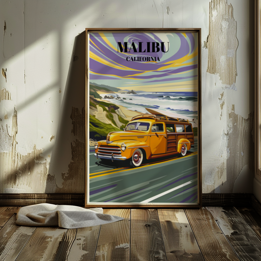 Malibu California Pacific Coast Highway Travel Poster, Beach Sunset Wall Art