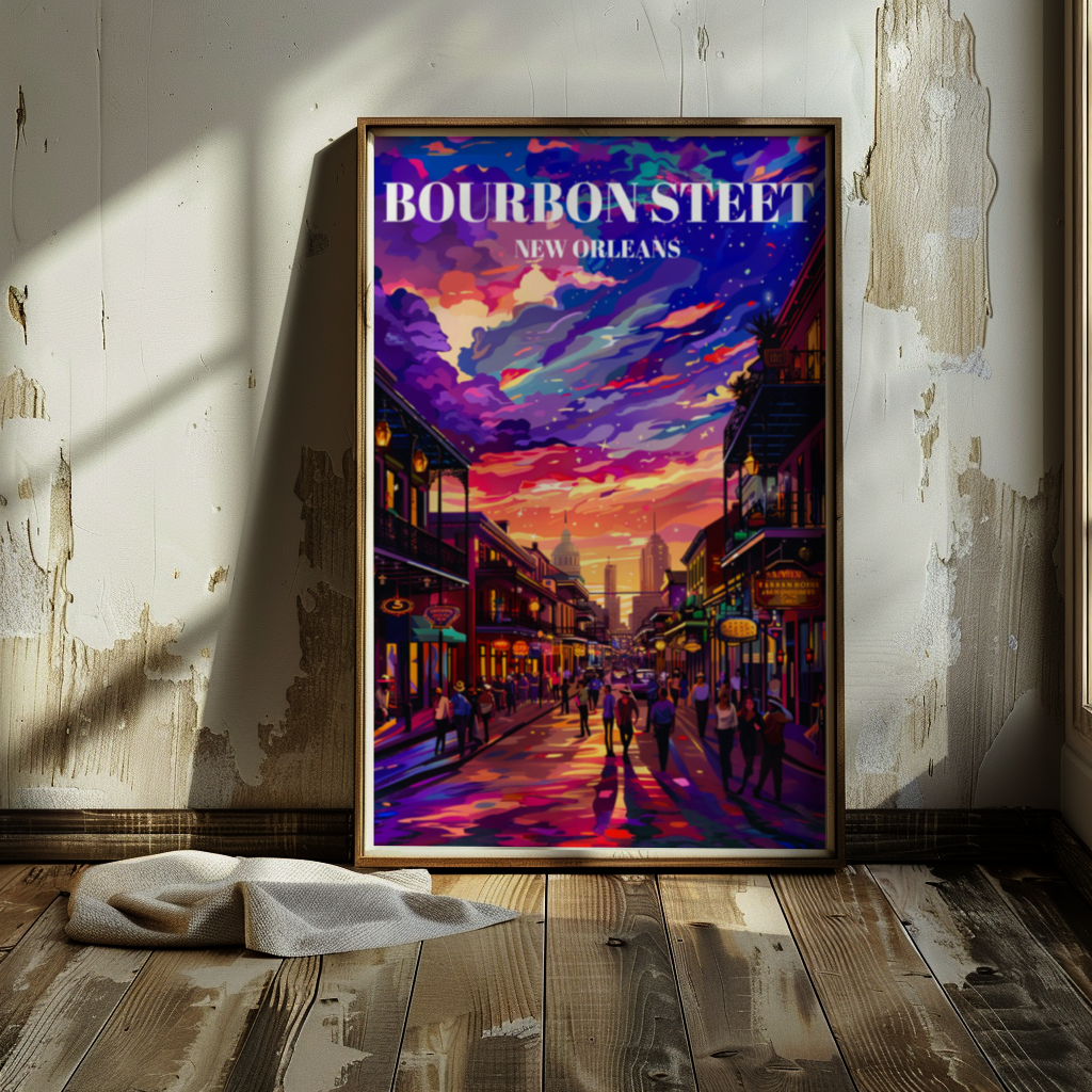 New Orleans French Quarter Bourbon Street Travel Poster Art Deco Decor