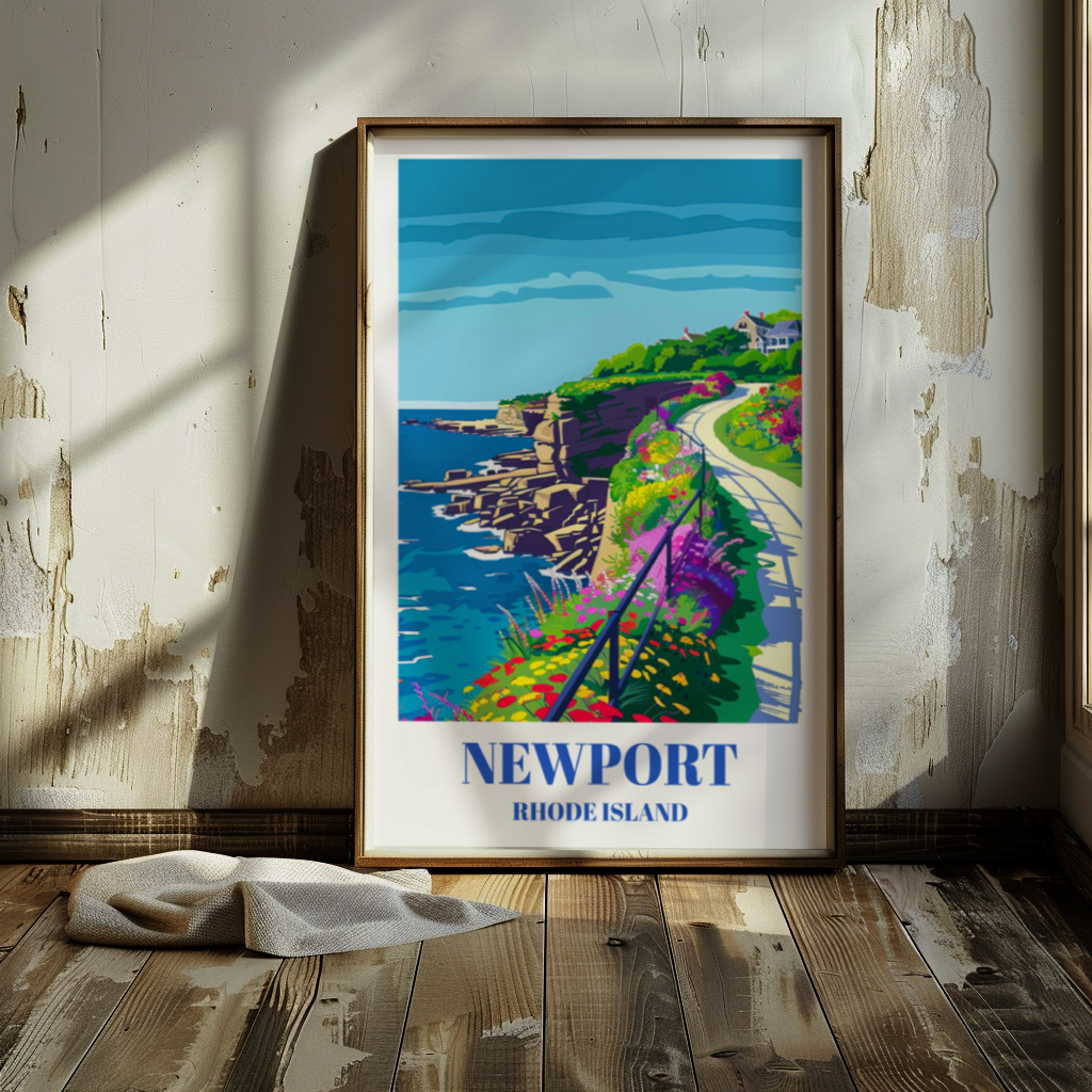 Newport Rhode Island Travel Poster: Cliff Walk Coastal Landscape