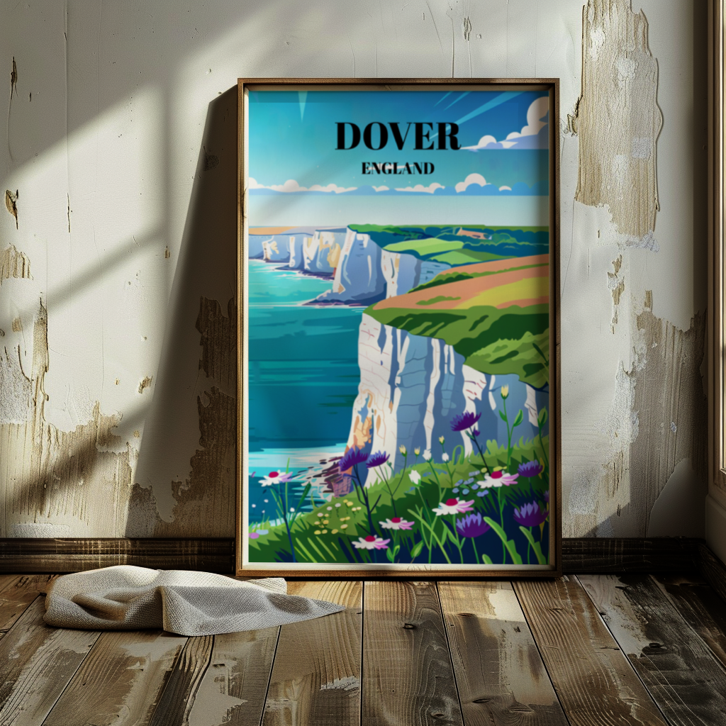 Travel Poster: Majestic White Cliffs of Dover, England, Coastal Landscape Art Print
