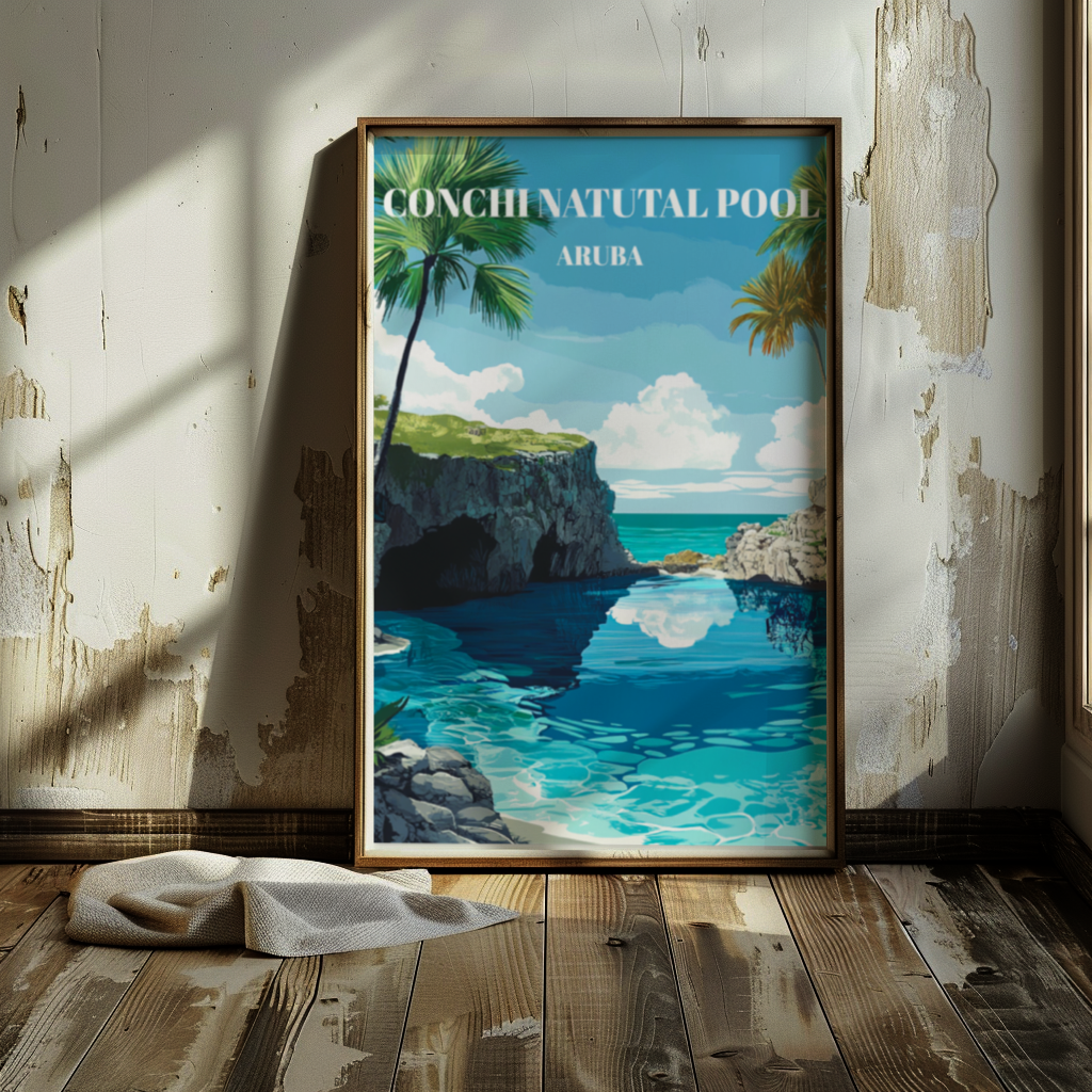 Conchi Natural Pool Aruba Travel Poster, Tropical Wall Art,