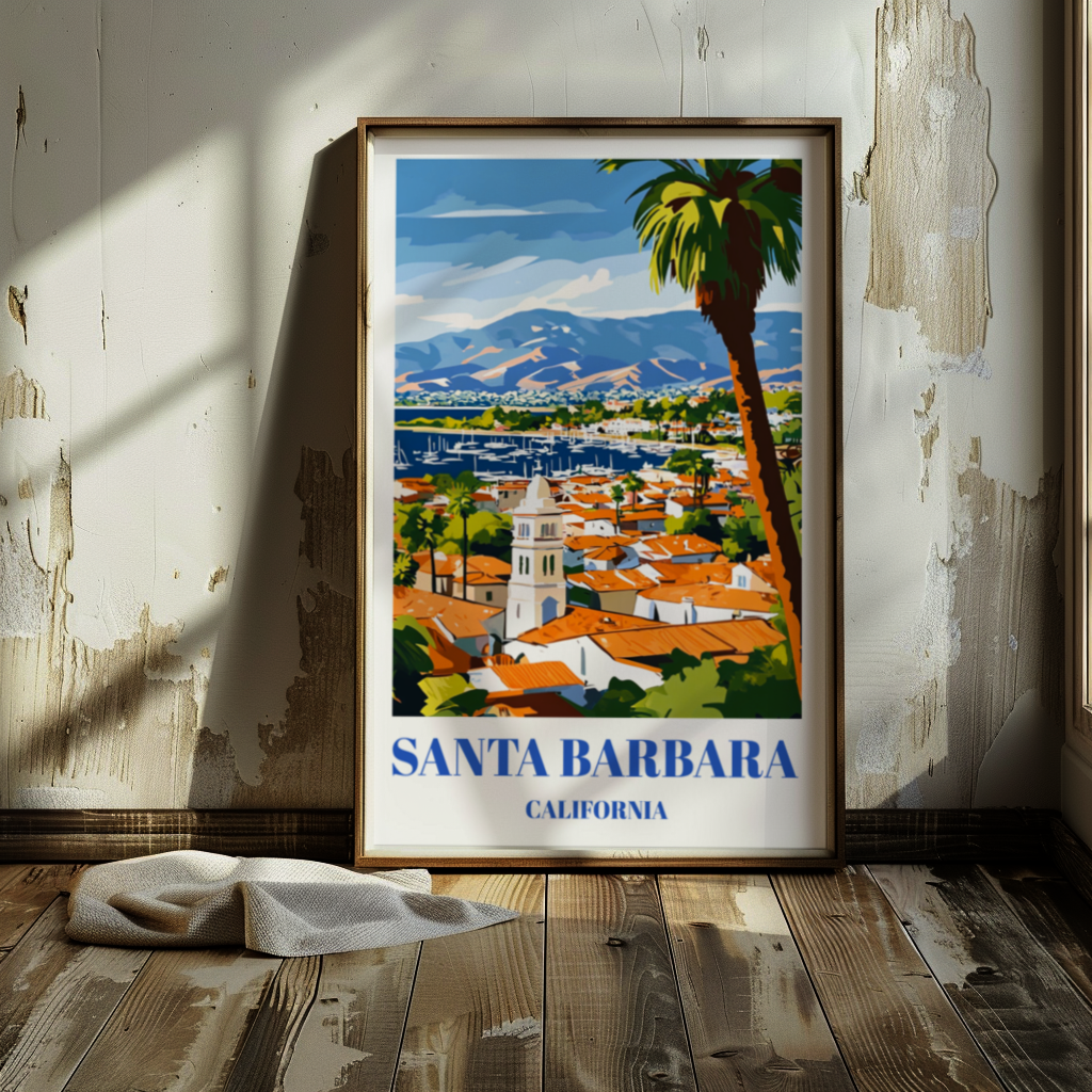 Santa Barbara Travel Poster - California Wall Art Print, Coastal Beach Decor, Scenic Pacific Ocean View, Santa Barbara Skyline Print,