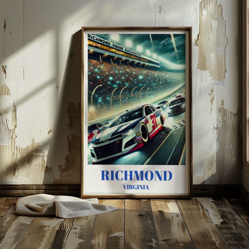 Richmond Virginia Speedway Travel Poster, Stock Car Track Wall Art Print, Night Race Illustration, High-Speed Motorsport Racing Artwork