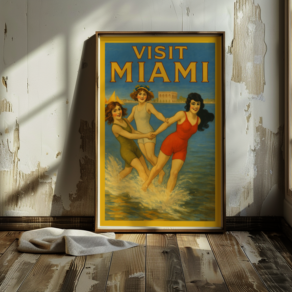 Vintage 1920s Style Miami Beach Travel Poster, Art Deco Florida Wall Art