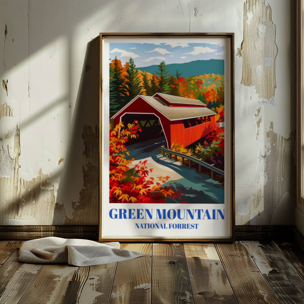 Green Mountain National Forest, Vermont Travel Poster, Red Covered Bridge