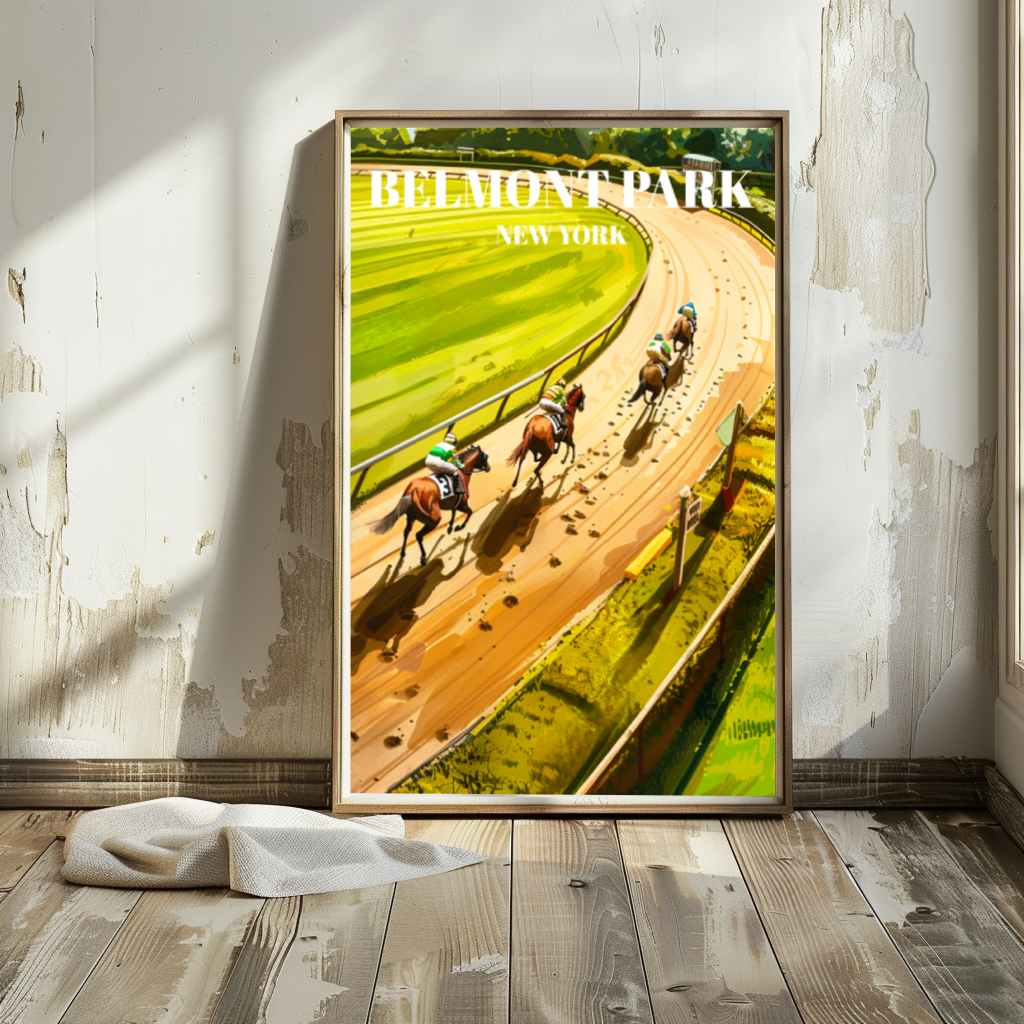 Belmont Park Racetrack Travel Poster, New York Horse Racing Art Print