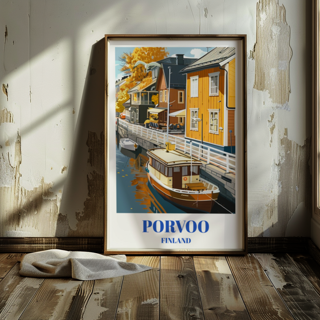 Porvoo, Finland, Charming Travel Poster Featuring Old Town and Cobblestone Streets,