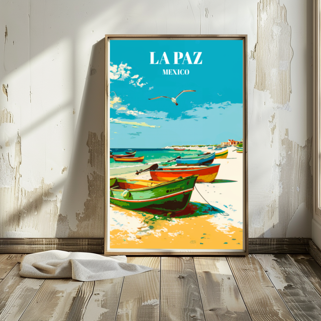 La Paz Mexico Travel Poster, Coastal Wall Art Print With Mexican Panga Fishing Boats