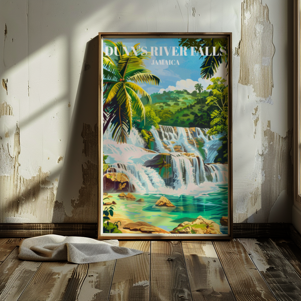 Dunn's River Falls Jamaica Travel Poster: Caribbean Waterfall Art