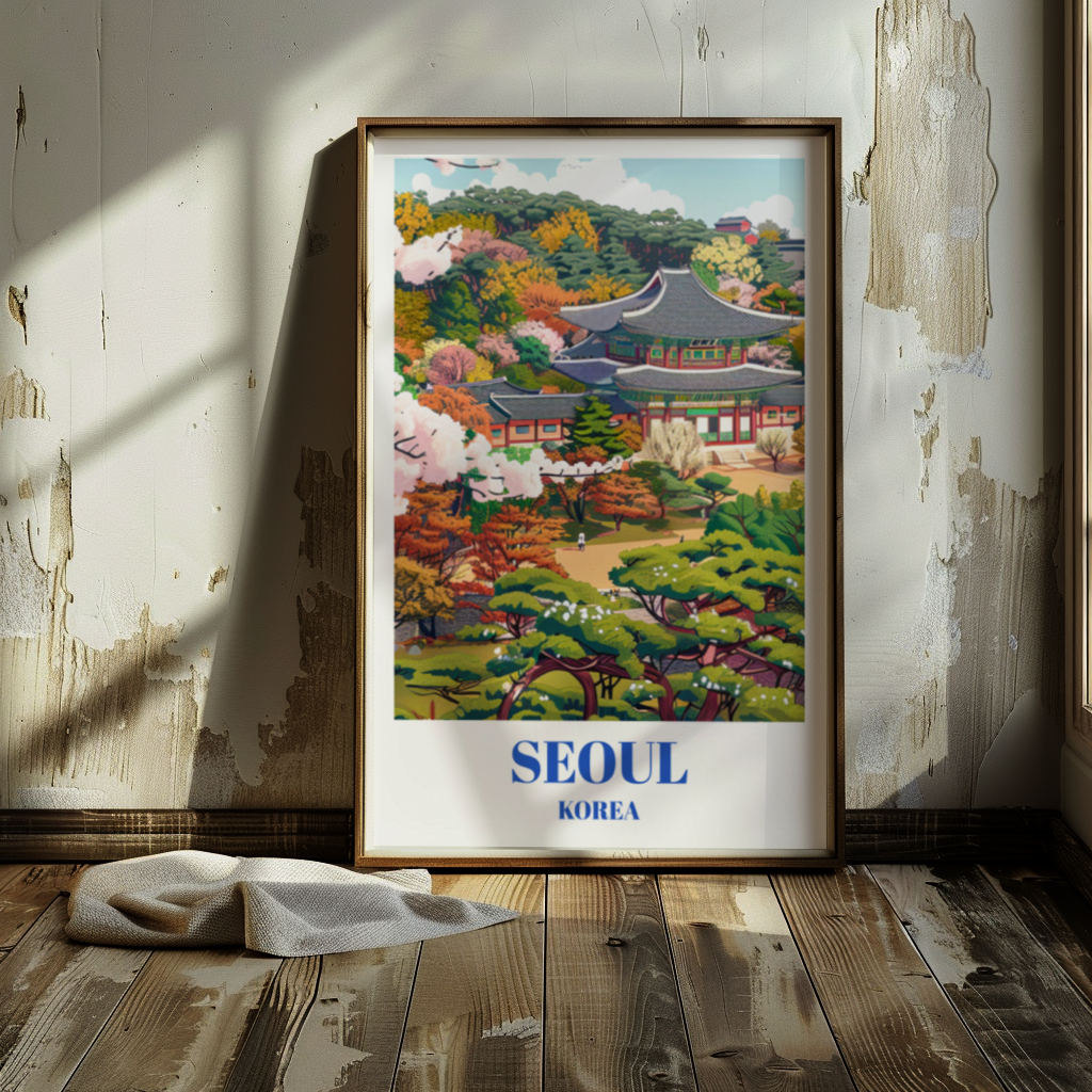 Travel Poster Changdeokgung Palace and Huwon Secret Garden in Seoul, South Korea.