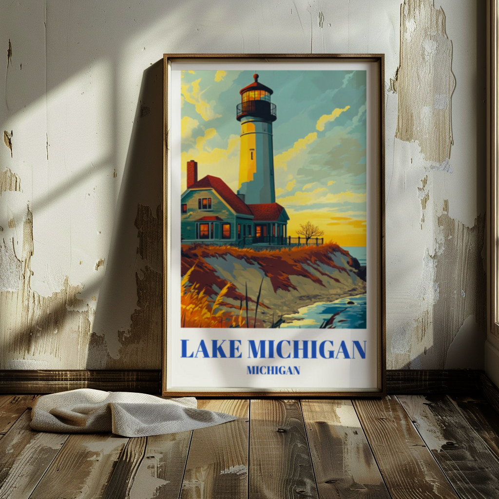 Lake Michigan Lighthouse Travel Poster, Nautical Art Print, Coastal Decor