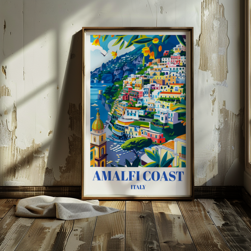 Amalfi Coast Italy Travel Poster, Coastal Landscape Wall Art