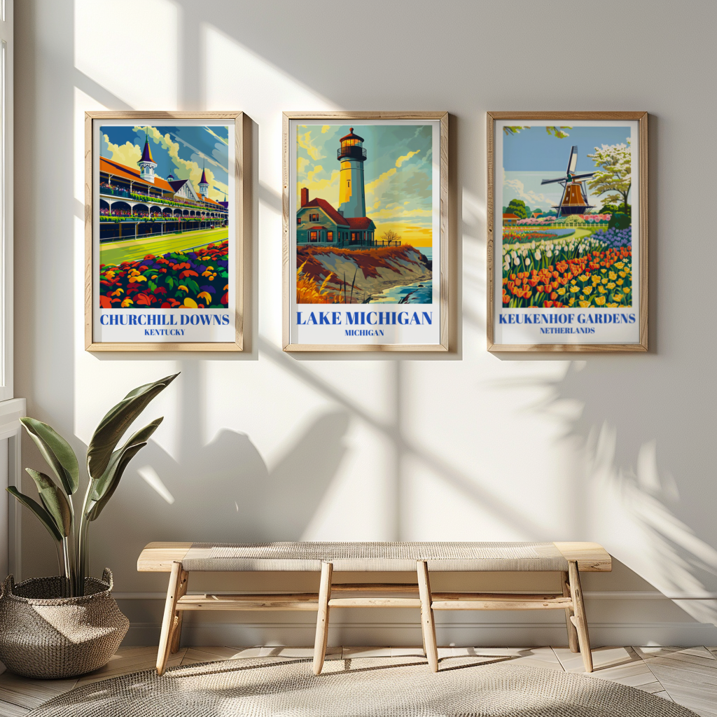 Lake Michigan Lighthouse Travel Poster, Nautical Art Print, Coastal Decor