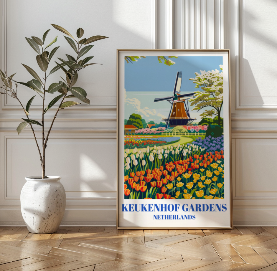 Keukenhof Gardens Netherlands Travel Poster, Dutch Tulip Fields