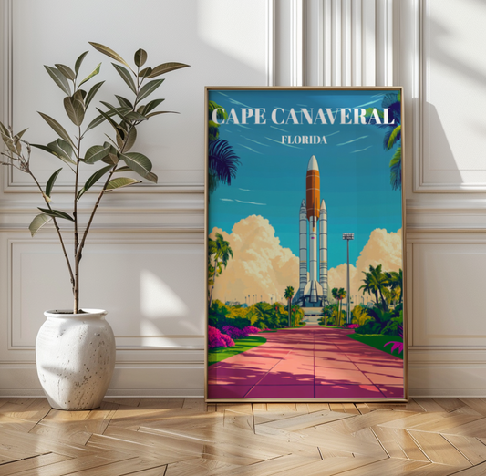 Cape Canaveral Florida Travel Poster, Space Coast Vintage Art Print,