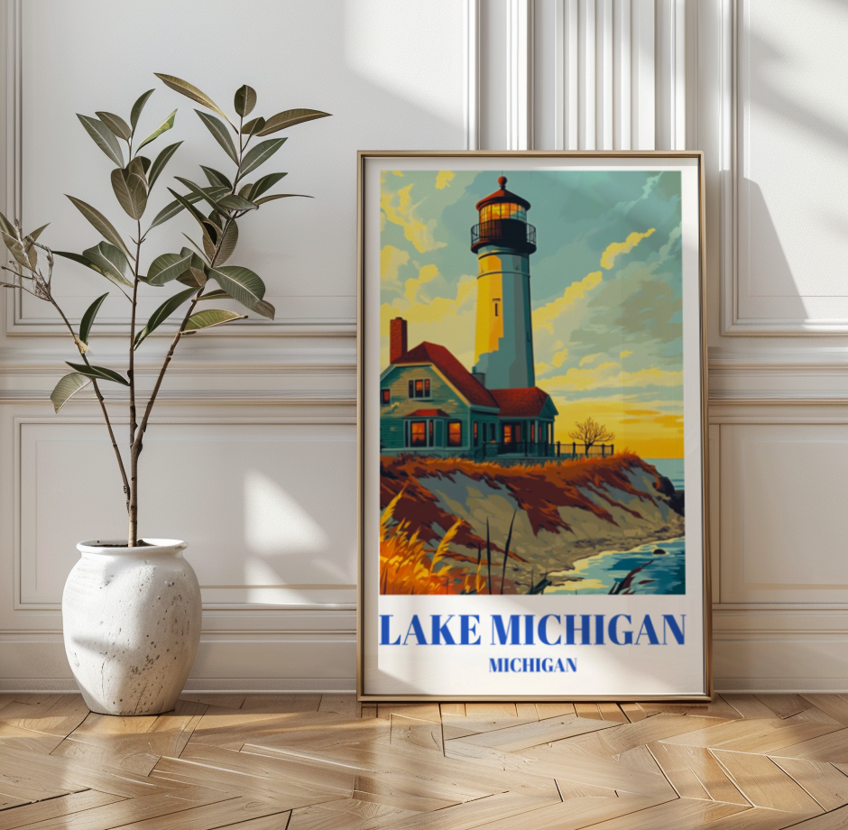 Lake Michigan Lighthouse Travel Poster, Nautical Art Print, Coastal Decor