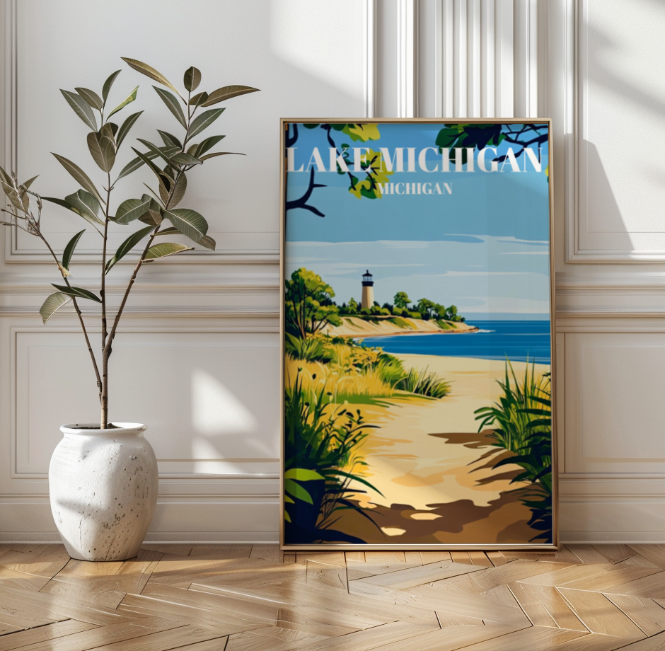 Lake Michigan Travel Poster, Great Lakes Wall Art Print, Coastal Home Decor,