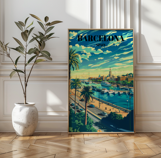 Beautiful Port Vell Barcelona Travel Poster, Vintage Style Waterfront Art Print