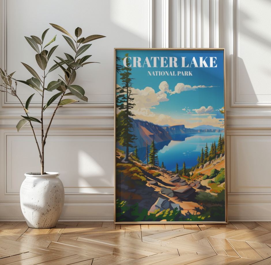 Crater Lake National Park Travel Poster: Scenic Landscape Art Print