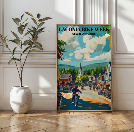 Laconia Bike Week Travel Poster, New Hampshire Motorcycle Rally Art