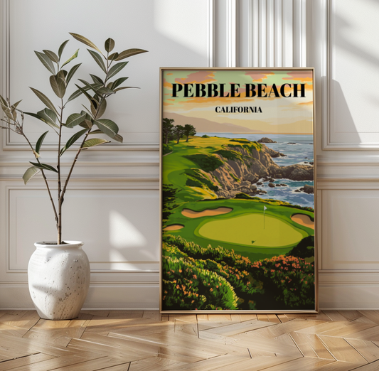 Pebble Beach Golf Course Monterey CA Travel Poster, Coastal Golf Artwork
