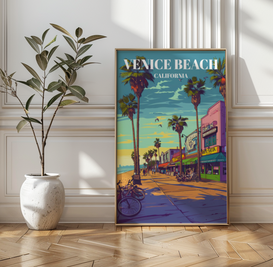Venice Beach Travel Poster, Retro California Wall Art Print