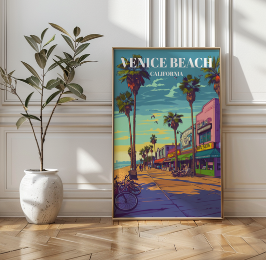 Venice Beach Travel Poster, Retro California Wall Art Print