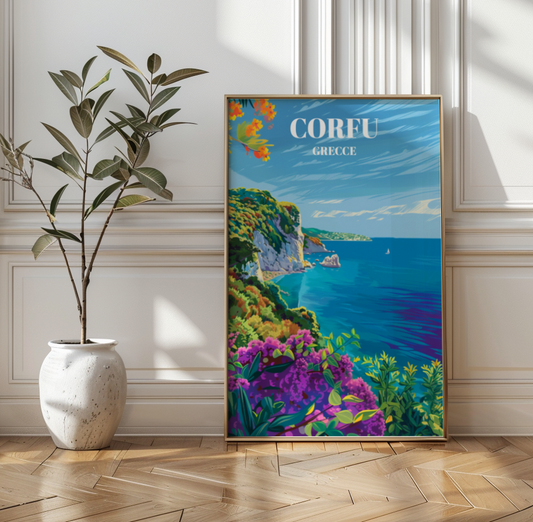 Corfu Greece Beach Travel Poster, Stunning Ionian Sea Coastal Landscape Art