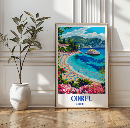 Corfu Greece Travel Poster, Greek Island Coastal Art Print, Mediterranean Wall Decor