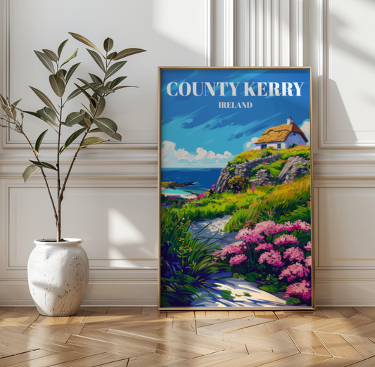County Kerry, Ireland Travel Poster, Charming Irish Cottage in the Ring of Kerry