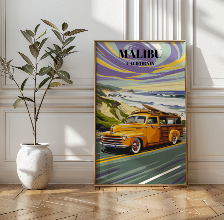 Malibu California Pacific Coast Highway Travel Poster, Beach Sunset Wall Art
