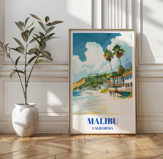 Malibu California Travel Poster,  Coastal Living and Sunset Beach Houses