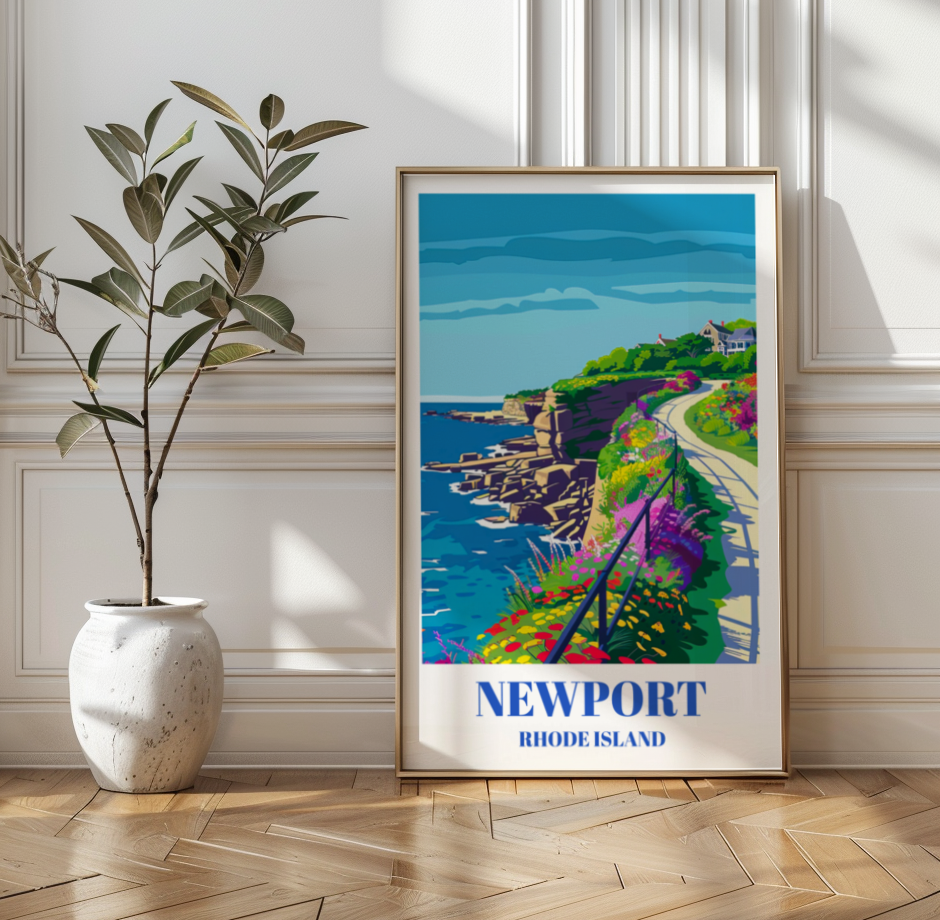Newport Rhode Island Travel Poster: Cliff Walk Coastal Landscape