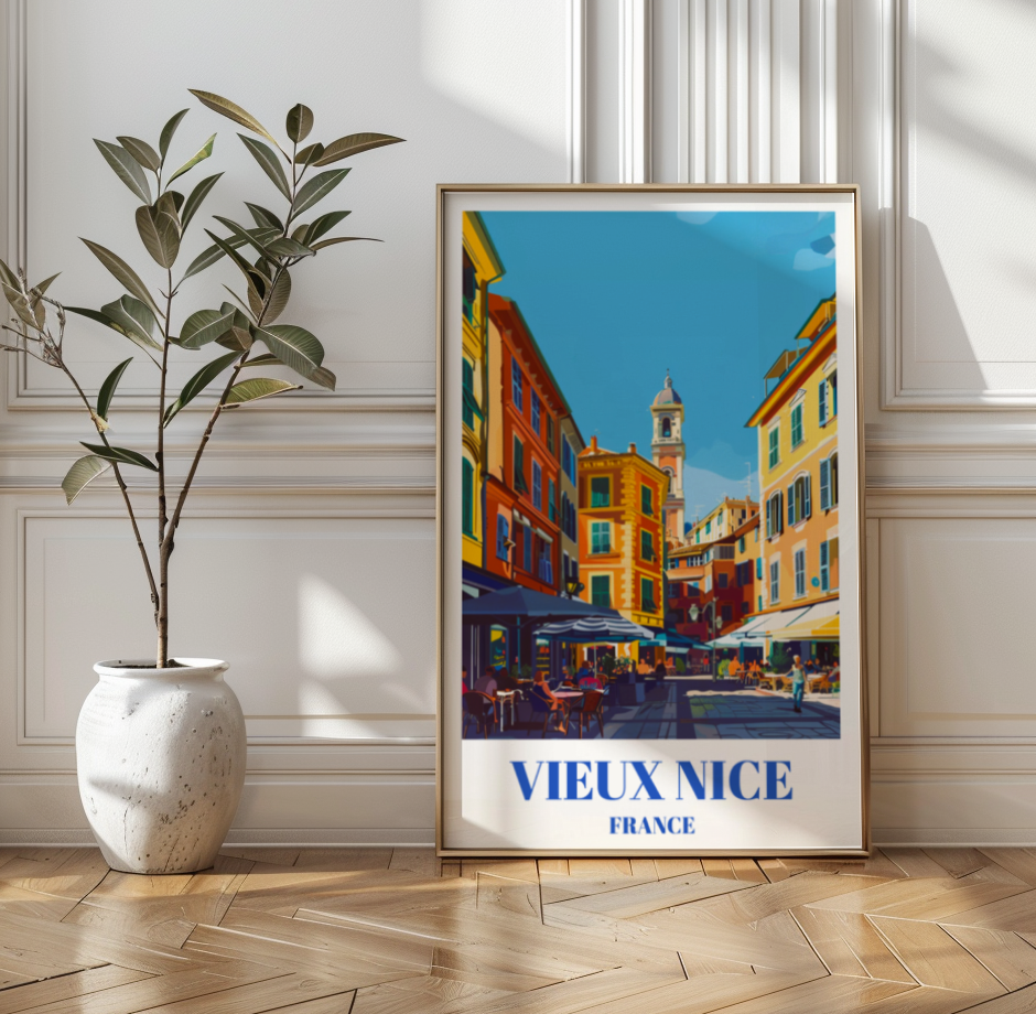 Old Town Vieux Nice France Travel Poster, Mediterranean Coastal Art