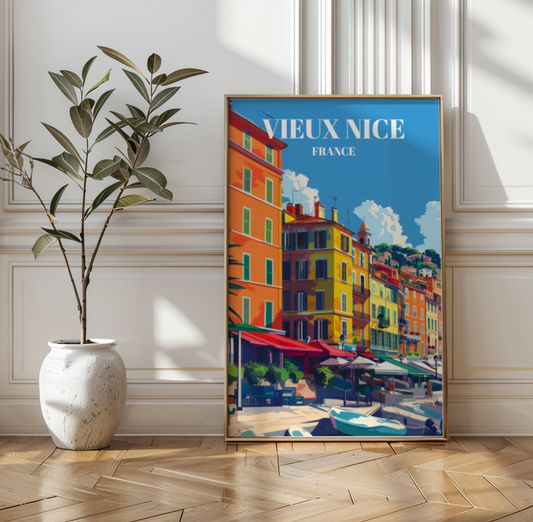 Old Town Vieux Nice France Travel Poster, Vintage Mediterranean Cityscape