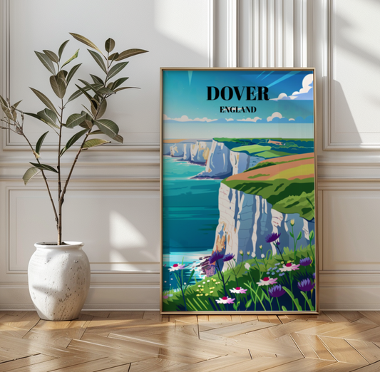 Travel Poster: Majestic White Cliffs of Dover, England, Coastal Landscape Art Print