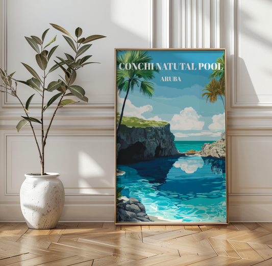 Conchi Natural Pool Aruba Travel Poster, Tropical Wall Art,