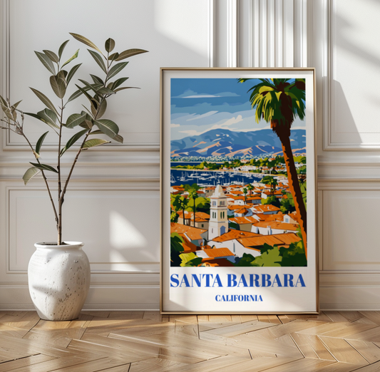 Santa Barbara Travel Poster - California Wall Art Print, Coastal Beach Decor, Scenic Pacific Ocean View, Santa Barbara Skyline Print,