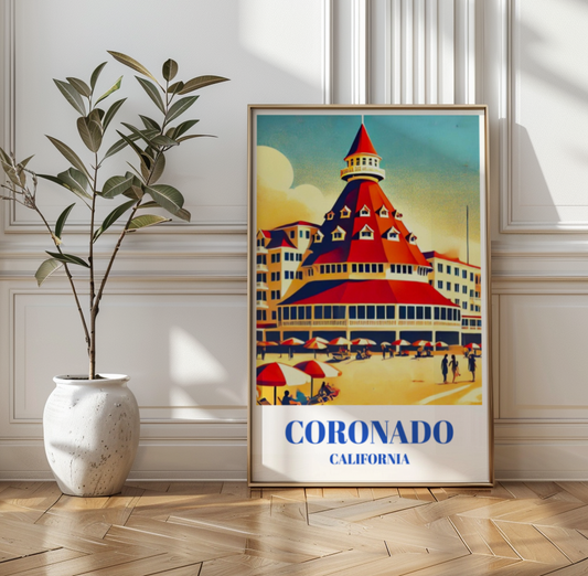 Vintage Travel Poster of Hotel Del Coronado, San Diego Landmark, California Beachfront Resort