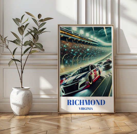 Richmond Virginia Speedway Travel Poster, Stock Car Track Wall Art Print, Night Race Illustration, High-Speed Motorsport Racing Artwork