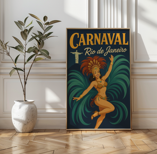 Vintage Rio de Janeiro Travel Poster Carnaval Brazil Art, 1950s Retro Carnival Print