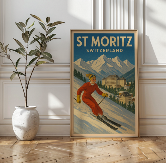Vintage Style St. Moritz Switzerland Ski Travel Poster – Retro Winter Alpine Ski Resort Wall Art