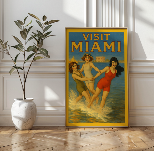 Vintage 1920s Style Miami Beach Travel Poster, Art Deco Florida Wall Art