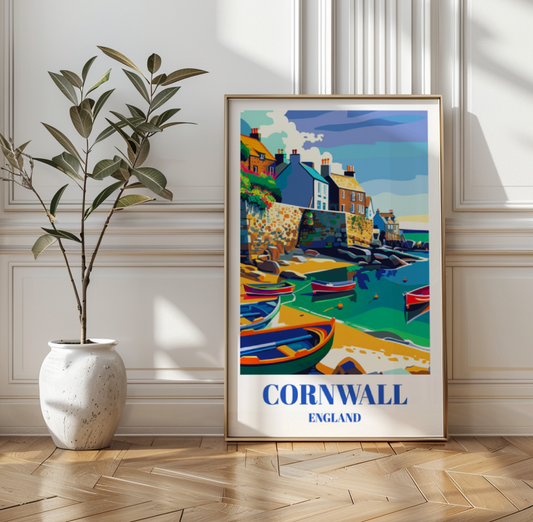 Travel Poster of Mousehole Fishing Village, Cornwall, England, Coastal Wall Art, Home Decor, Scenic Seaside Print, Historic UK Coastal Town