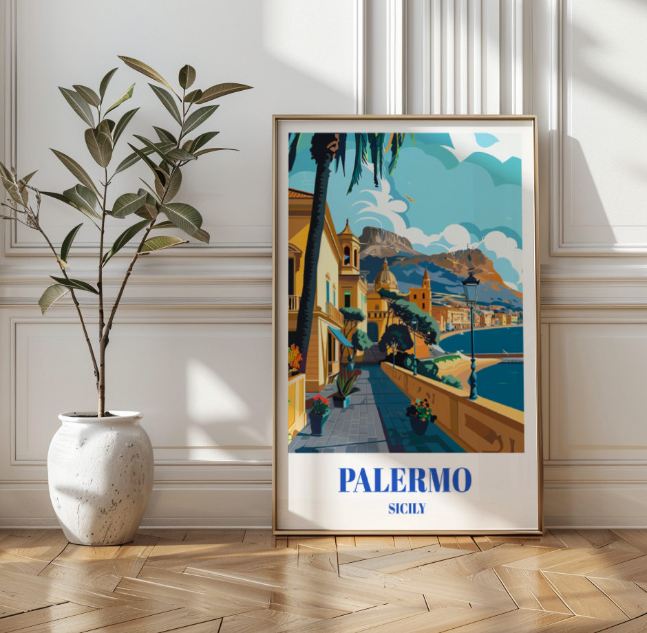 Palermo Sicily Travel Poster, Mediterranean Coastal Cityscape Wall Decor