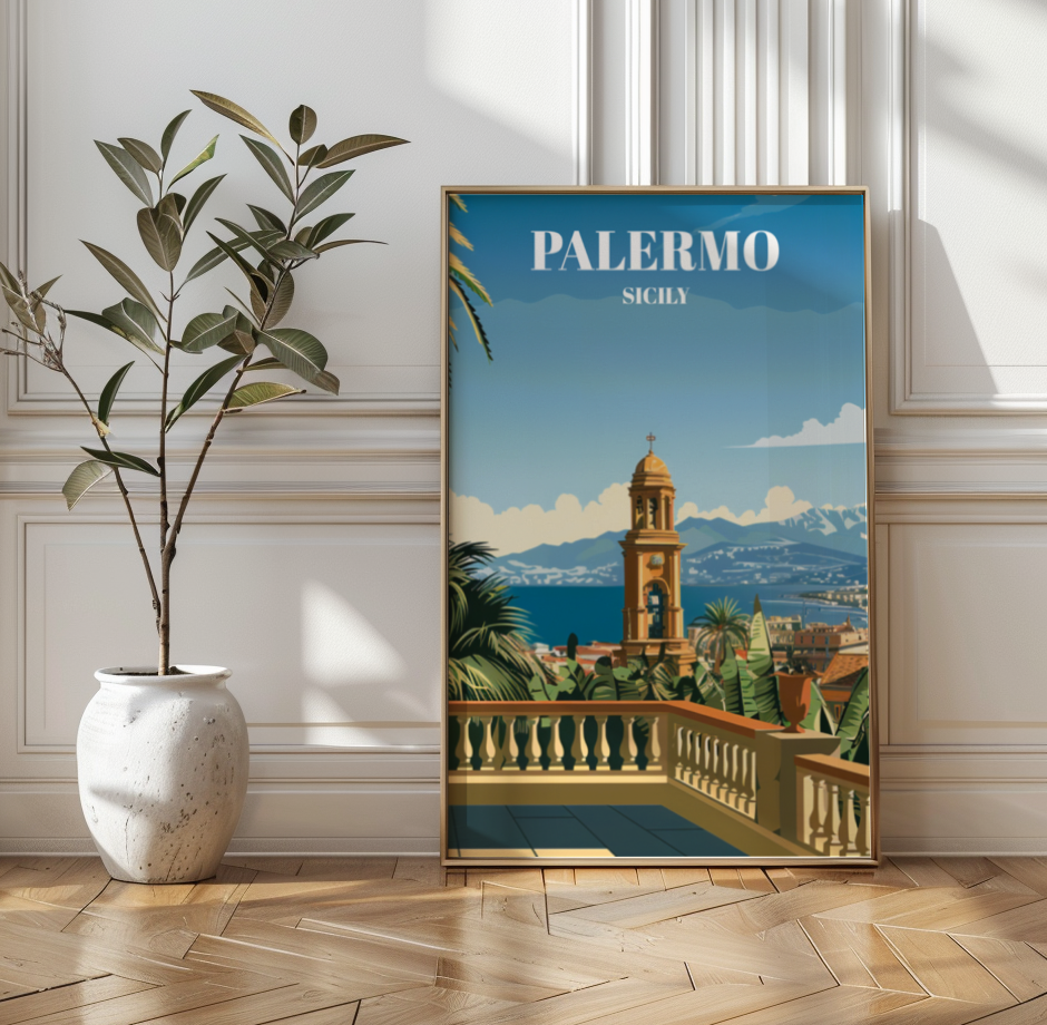 Palermo Sicily Travel Poster, Mediterranean Coastal Cityscape Art Print